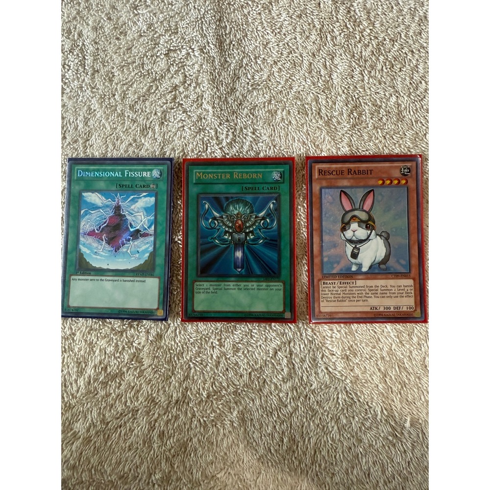 Set of‎ 3 Yugioh Cards - Dimensional Fissure, Monster Reborn, Rescue Rabbit